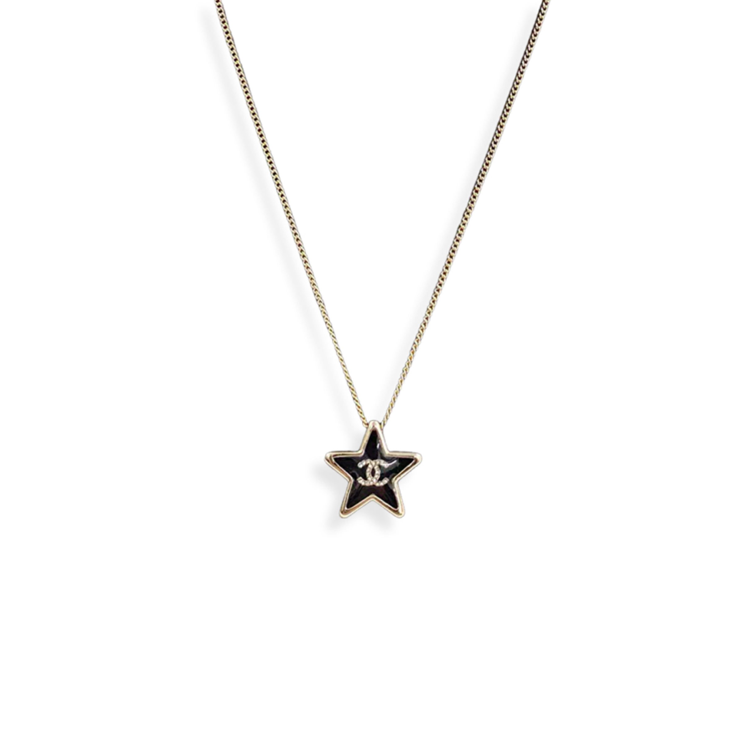 CHANEL DOUBLE C LOGO STAR-SHAPED BLACK ENAMEL CLAVICLE CHAIN NECKLACE 